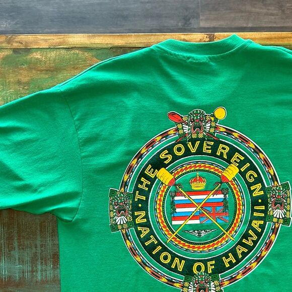 Vintage Sovereign Nation of Hawaii Graphic T Shirt Green Single Stitch Men's XL - Picture 1 of 7